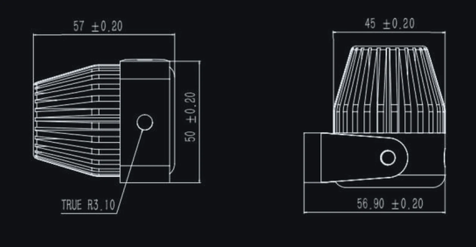 Fixed laser line projector dimension drawing: 57 mm long, 45 mm wide, 50 mm high, bracket 56.9 mm across — Infinity Projectors