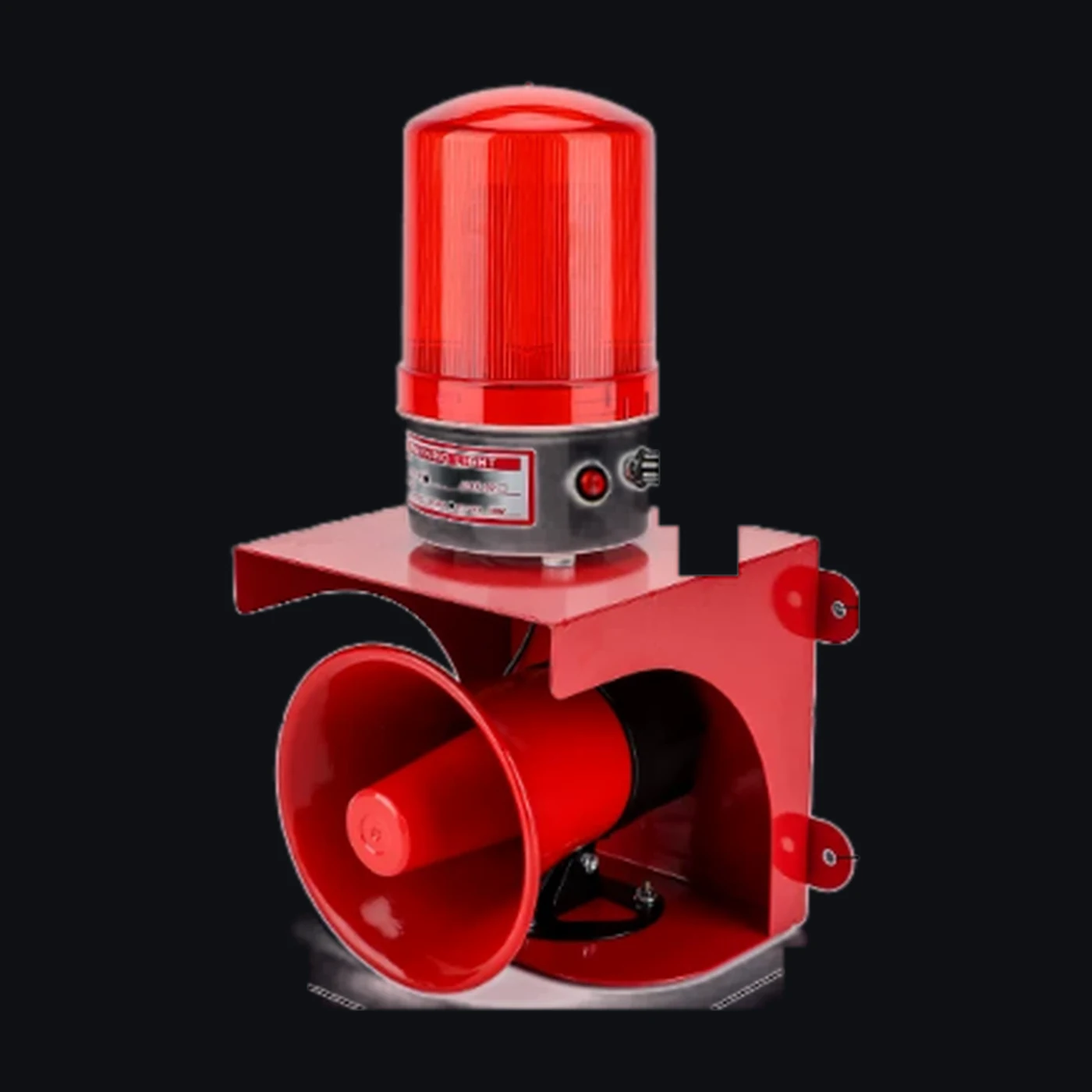 Red warning siren and strobe: rotating strobe beacon on top, horn speaker below, on one red steel mounting bracket — Infinity Projectors