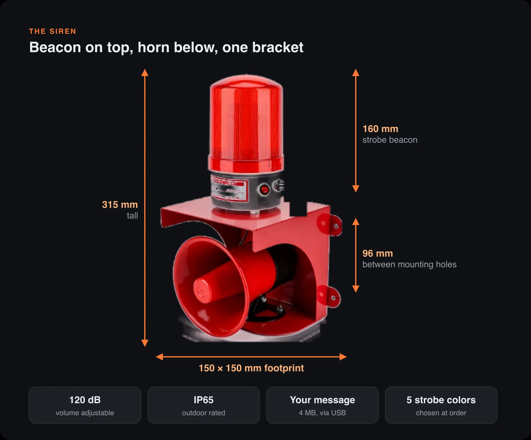 Siren dimensions: 315 mm tall, 150 by 150 mm footprint, 160 mm strobe beacon, 96 mm between the bracket mounting holes; 120 dB, IP65 — Infinity Projectors