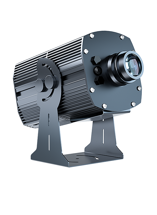 Multi-gobo projector, dark blue-grey body, 3/4 rear-left view, transparent background — Infinity Projectors