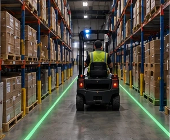 Forklift driving a racking aisle between two projected green safety lines — Infinity Projectors