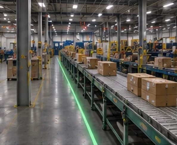 Green safety line projected along a roller conveyor line in a packing hall — Infinity Projectors