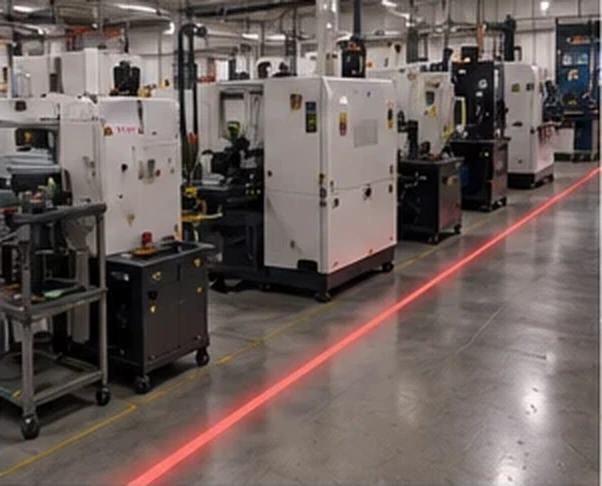 Red keep-out line projected along a row of CNC machines — Infinity Projectors