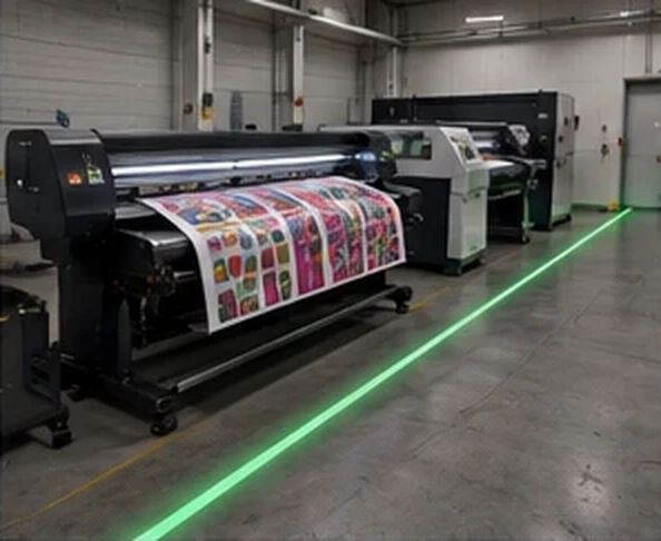 Green walkway line projected beside a wide-format printing press — Infinity Projectors
