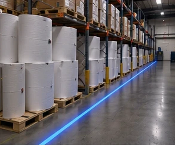 Blue line projected past pallets of paper roll stock — Infinity Projectors