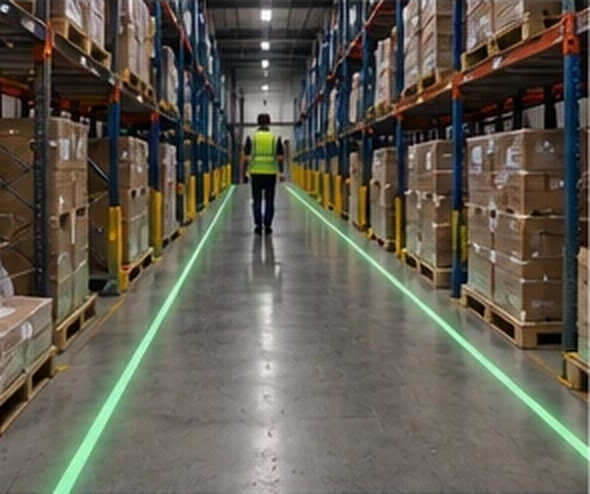Worker in a hi-vis vest walking a racking aisle on a projected green line — Infinity Projectors