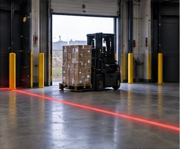 Red boundary line projected across an open loading dock door as a forklift enters — Infinity Projectors