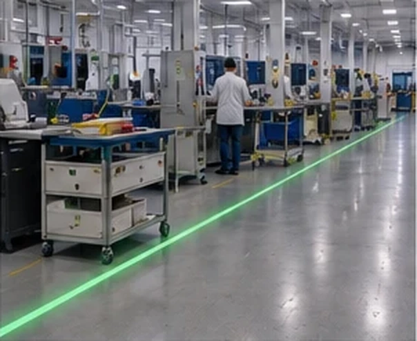 Green walkway line running past electronics assembly benches — Infinity Projectors