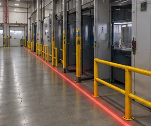 Red laser keep-out line along yellow guardrails and machine cells on a gray factory floor — Infinity Projectors