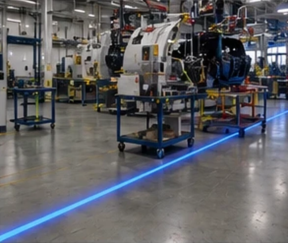 Blue route line through a machine build bay with mobile work carts — Infinity Projectors