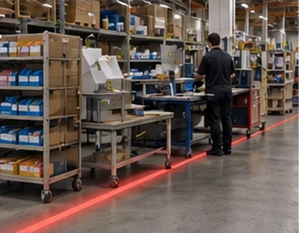 Red boundary line at a parts shelving bay with an operator at a bench — Infinity Projectors