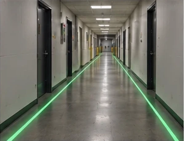Green guidance line down a plant corridor lined with doors — Infinity Projectors