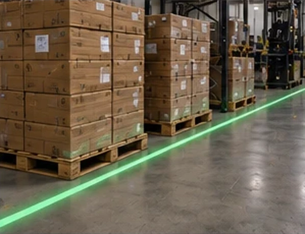 Green laser line along a row of stacked pallets on a warehouse floor, forklift and racking in the distance — Infinity Projectors