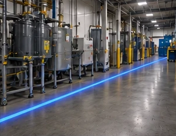 Blue route line through a process area with stainless tanks — Infinity Projectors
