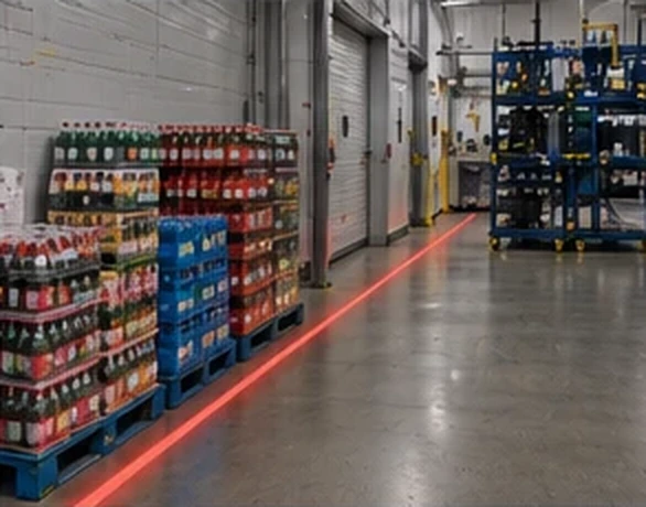 Red boundary line beside stacked beverage cases in a distribution aisle — Infinity Projectors