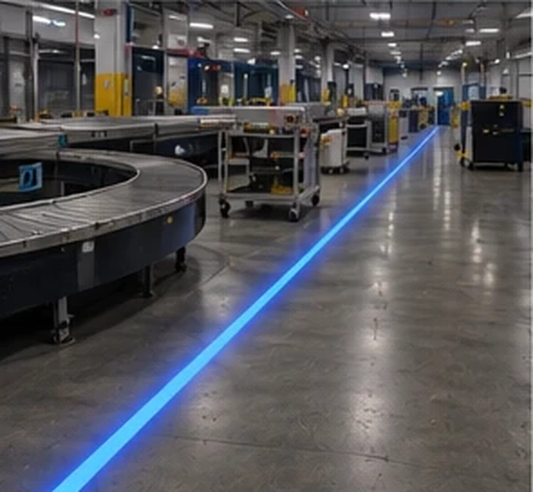 Blue line following a curved roller conveyor through a plant — Infinity Projectors