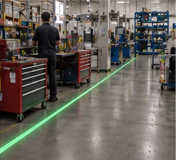 Green walkway line past a maintenance bench and tool chest — Infinity Projectors