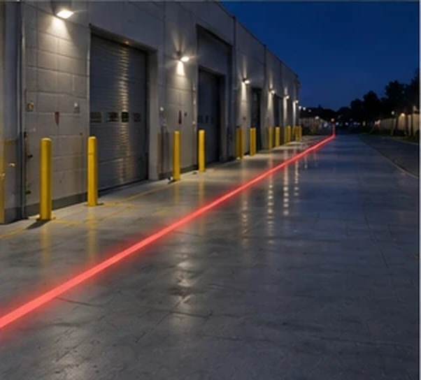 Red laser line running along an outdoor loading dock apron past yellow bollards and roll-up doors at night — Infinity Projectors