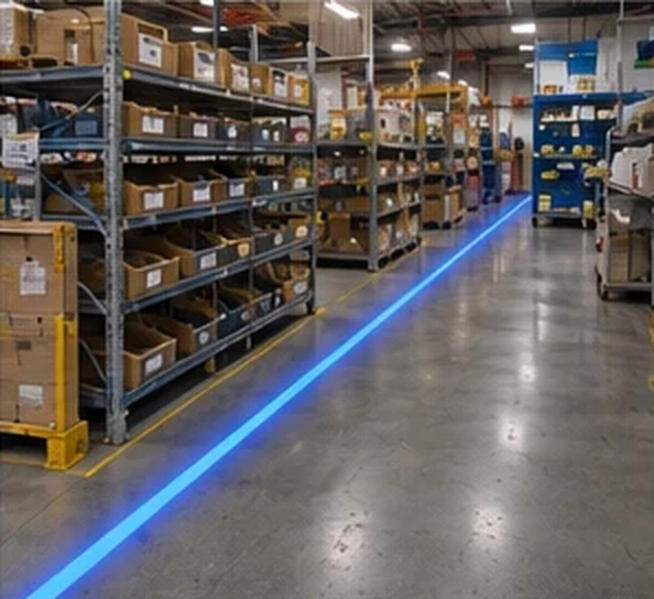 Blue line running down a small-parts shelving aisle — Infinity Projectors
