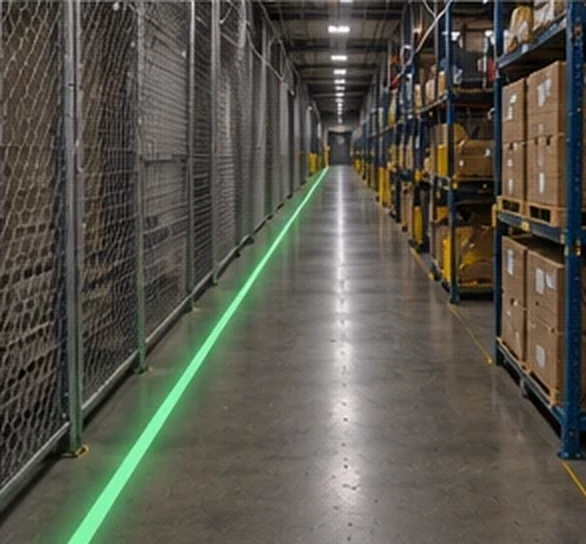 Green line down a caged storage corridor — Infinity Projectors