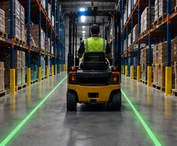 Worker in a hi-vis vest driving a yellow forklift down a racked aisle bounded by two green laser lane lines — Infinity Projectors