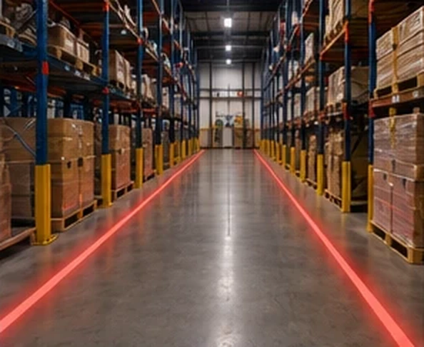 Red centre line running the length of a high-bay racking aisle — Infinity Projectors