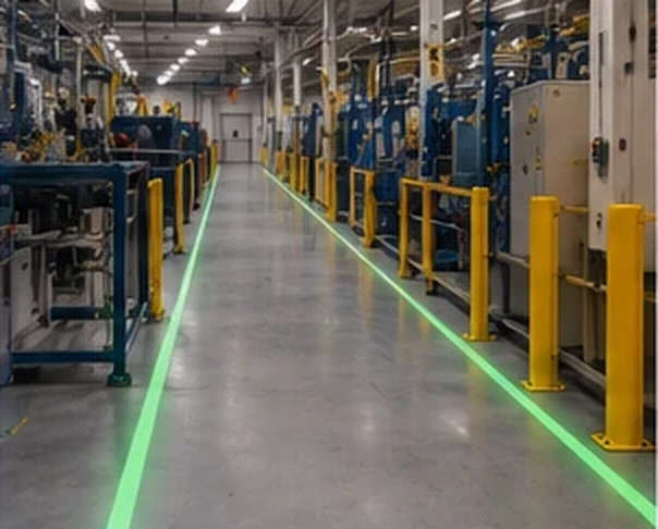 Green lane line through a plant aisle flanked by yellow bollards — Infinity Projectors