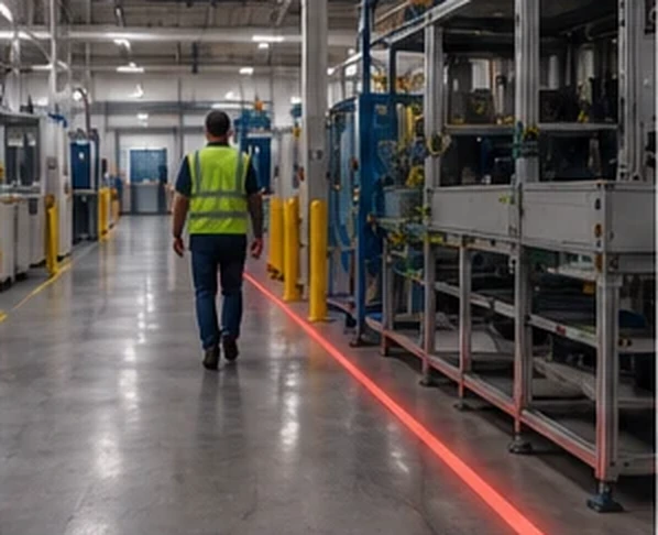 Hi-vis worker walking beside a red boundary line past a machine row — Infinity Projectors