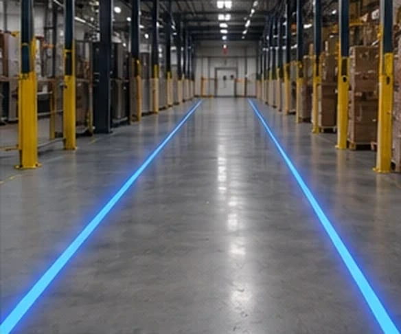 Blue lane line down a wide plant aisle — Infinity Projectors