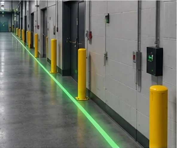 Green line turning past yellow impact bollards at a wall — Infinity Projectors