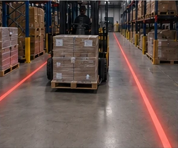Forklift carrying a pallet across a projected red boundary line — Infinity Projectors