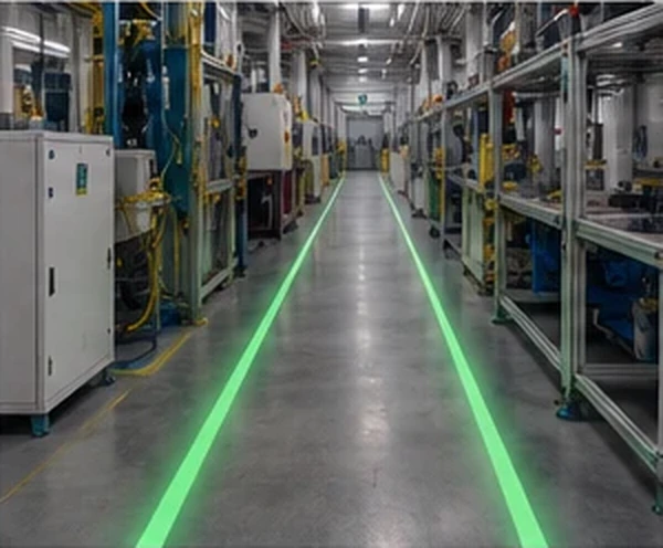 Green walkway line down a plant corridor between control cabinets — Infinity Projectors