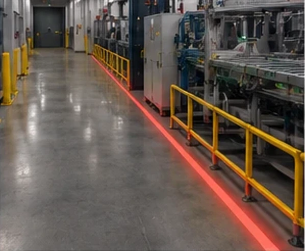 Red line along a guardrail beside a production line — Infinity Projectors