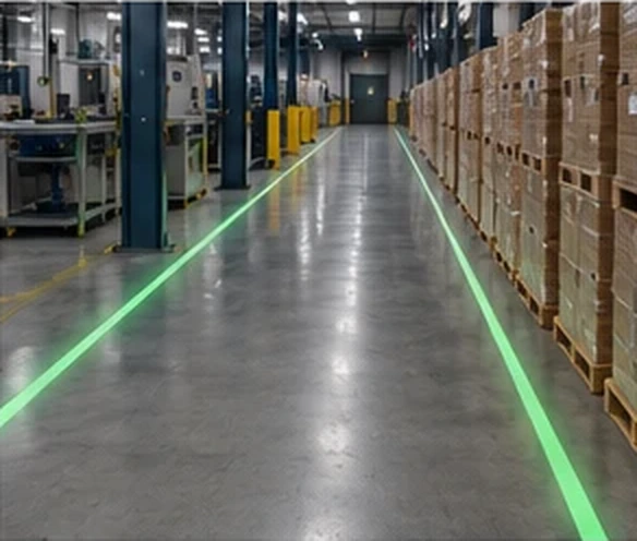 Green line down a pallet racking aisle — Infinity Projectors