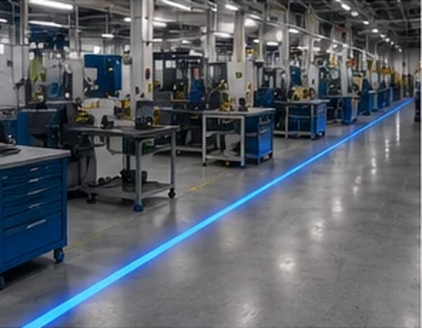 Blue walkway line past a row of assembly benches — Infinity Projectors