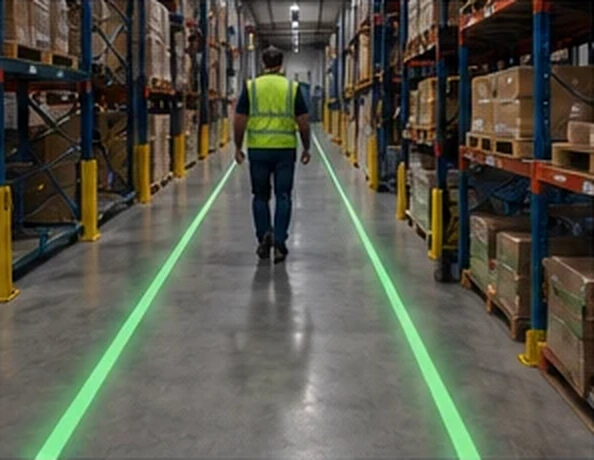 Hi-vis worker walking a projected green line between pallet racks — Infinity Projectors