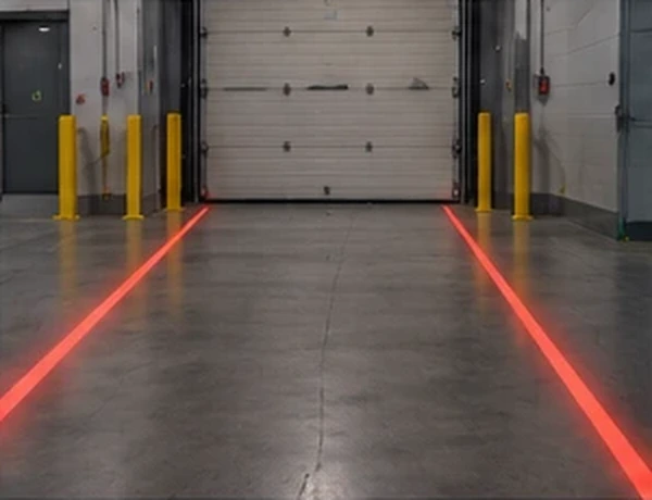 Red stop line projected in front of a closed dock door — Infinity Projectors
