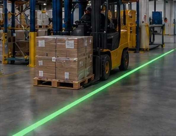 Forklift with a pallet load beside a projected green lane line — Infinity Projectors