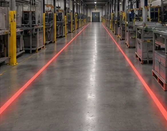 Red centre line down a long plant aisle — Infinity Projectors