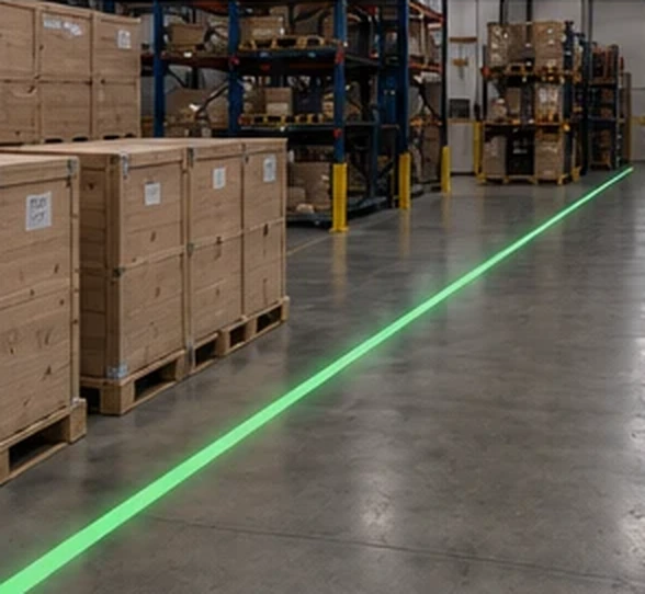 Green line projected past cartons on pallet racking — Infinity Projectors