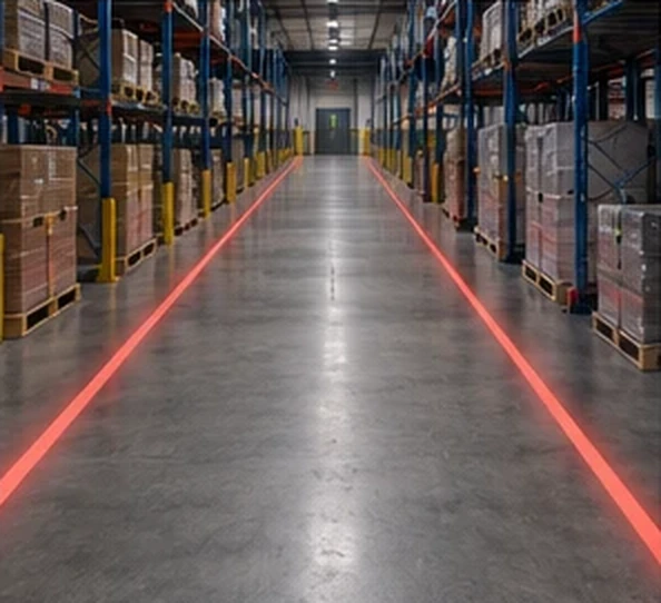 Red line down a racking aisle in a distribution warehouse — Infinity Projectors