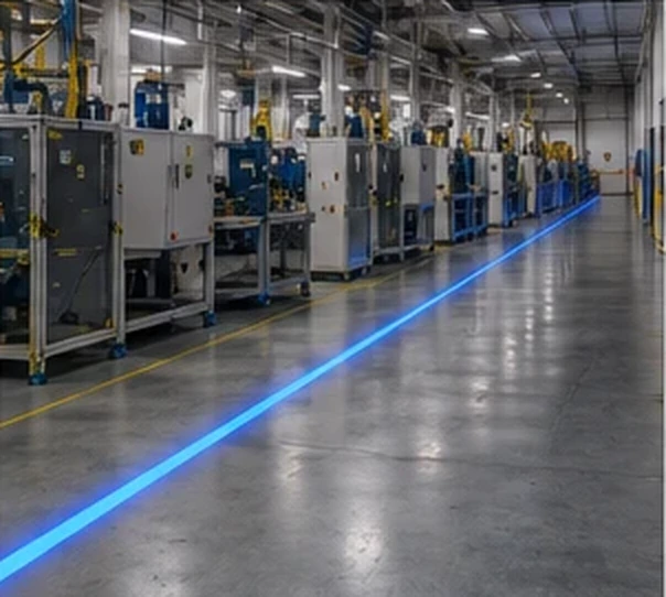 Blue route line through a machinery aisle in a factory — Infinity Projectors