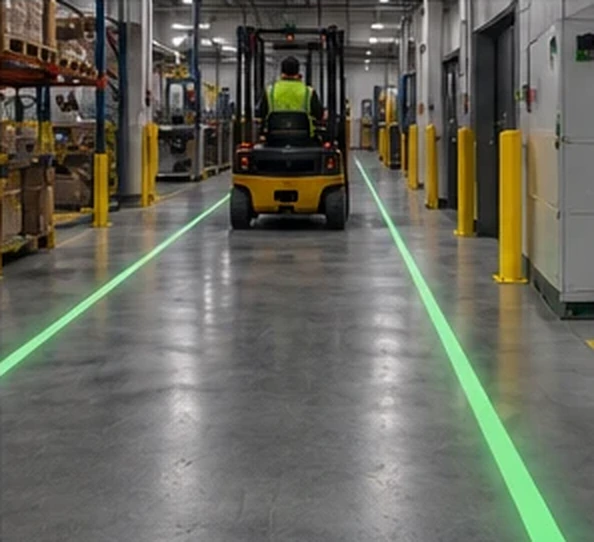 Forklift travelling a green projected lane in a plant aisle — Infinity Projectors