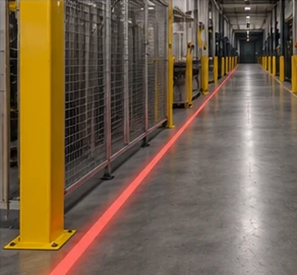 Red line beside a yellow bollard and a mesh security cage — Infinity Projectors