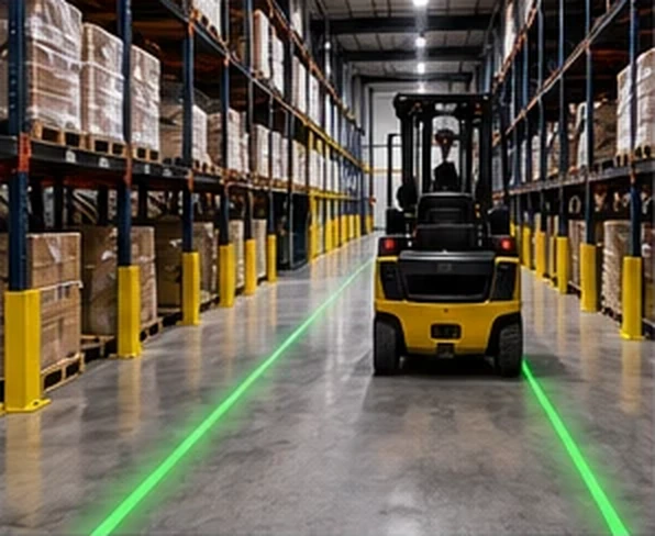 Yellow forklift centered in a racked warehouse aisle between two converging green laser floor lines — Infinity Projectors