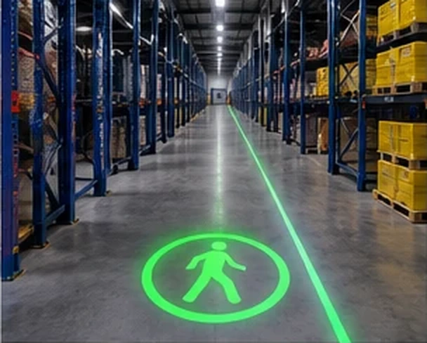 Green pedestrian symbol projected on a warehouse walkway — Infinity Projectors