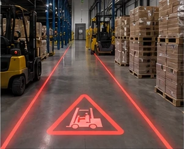 Red laser lane lines with a projected forklift warning triangle on a warehouse floor between two yellow forklifts — Infinity Projectors
