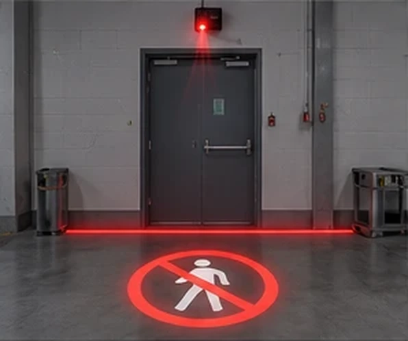 Red no-pedestrian symbol projected at a fire door — Infinity Projectors