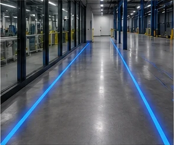 Blue guidance lines down a glazed factory corridor — Infinity Projectors