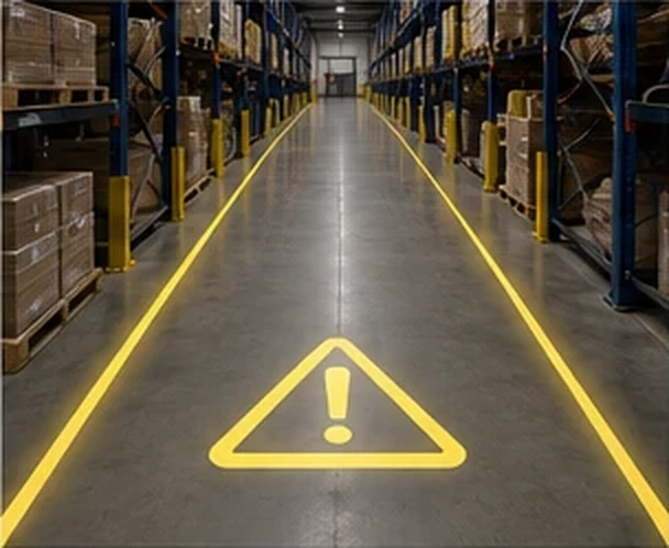 Yellow projected lane lines and a warning triangle with an exclamation point on a warehouse aisle floor — Infinity Projectors